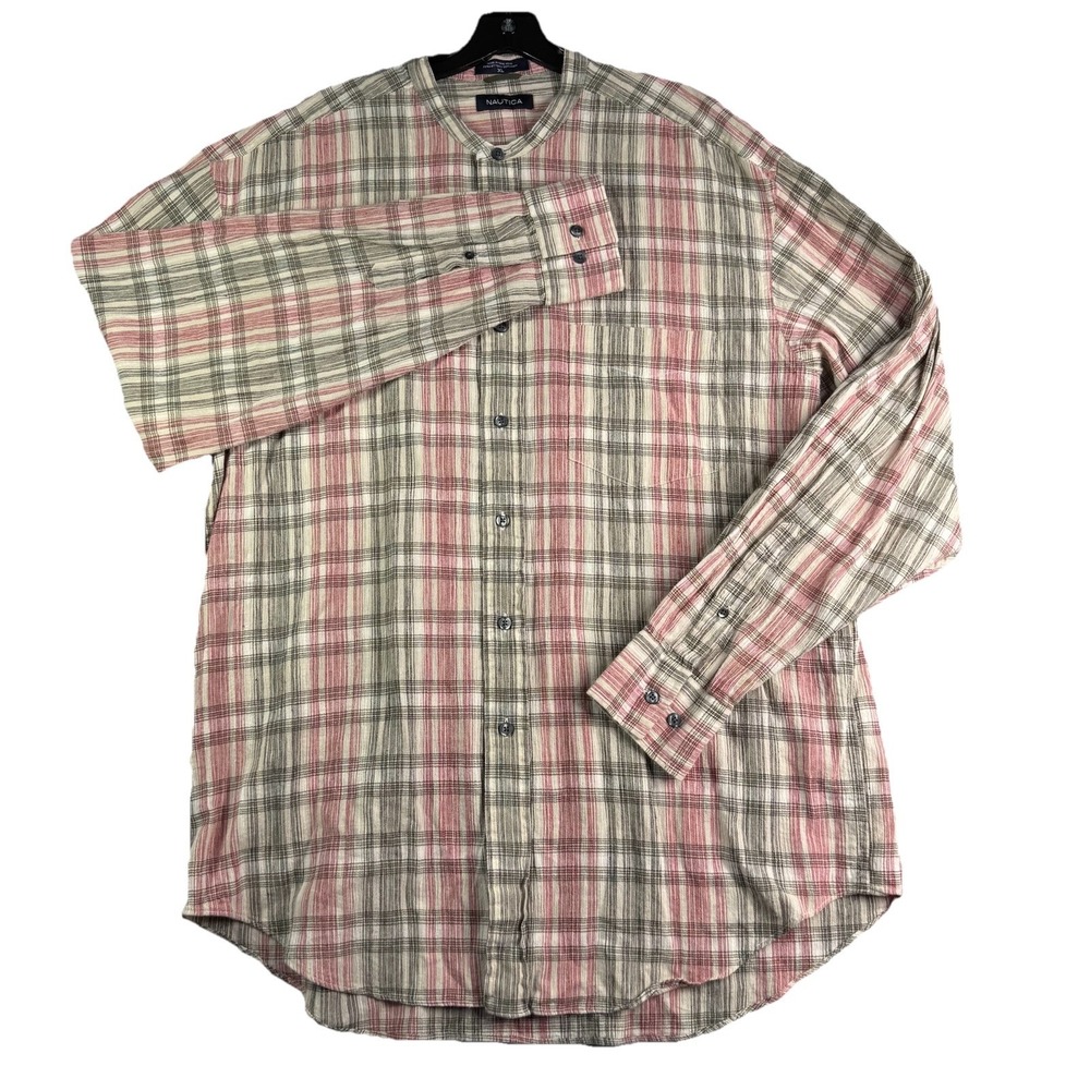 Nautica Button Up Collarless Cotton Linen Blend Shirt Men's XL Long Sleeve